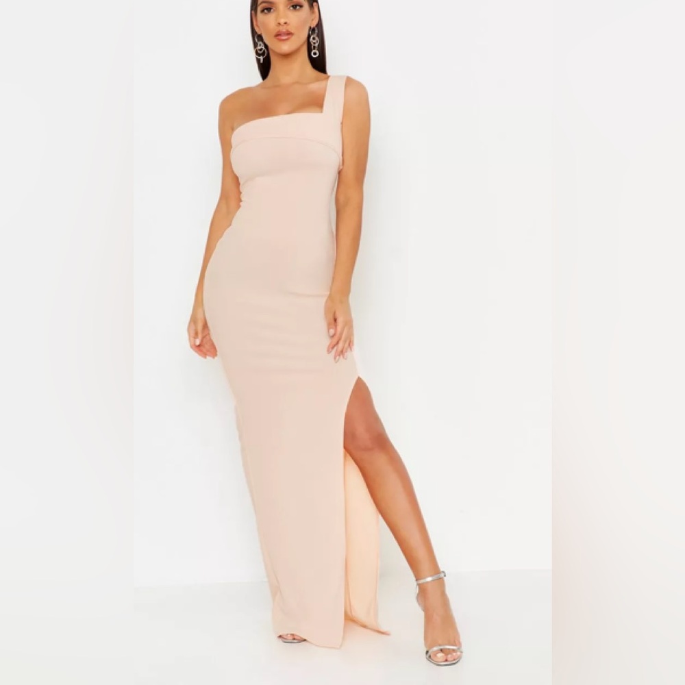 Boohoo blush one shoulder thigh slit maxi dress